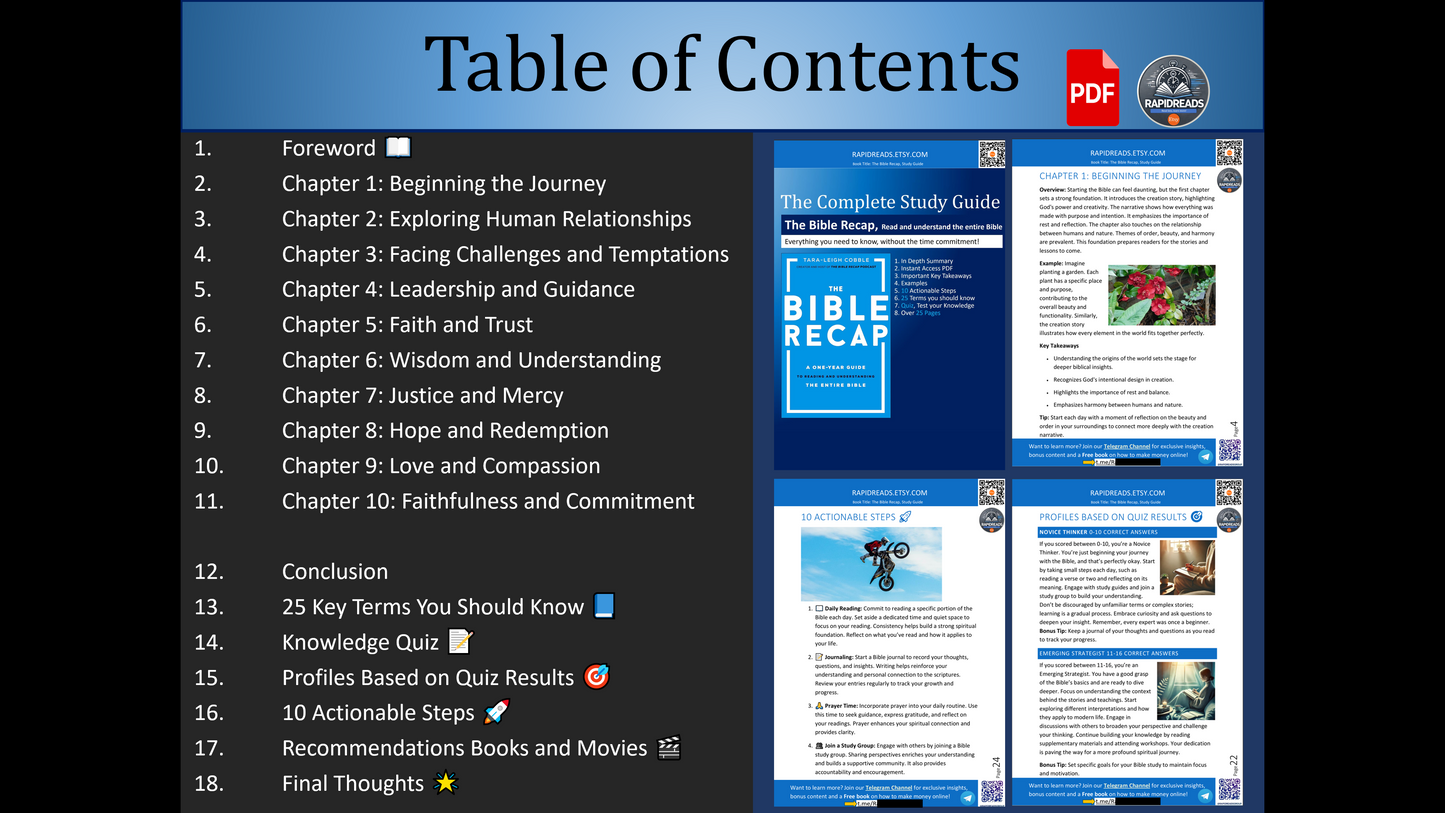 The Bible Recap: A One-Year Guide to Reading and Understanding the Entire Bible. Study Guide, Book Summary, Quiz and Learning Assessments