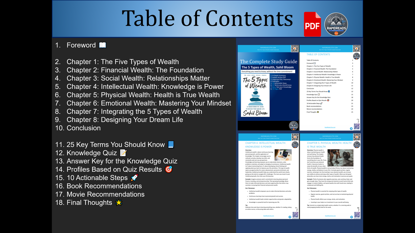 The 5 Types of Wealth: A Guide to Design Your Dream Life. Study Guide, Book Summary, Learning Assessments, Actionable Steps, quiz, 25 Pages